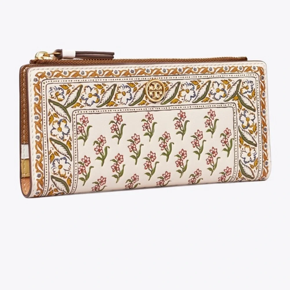 Tory Burch Walker Printed Zip Slim Wallet Ditsy Borders Floral